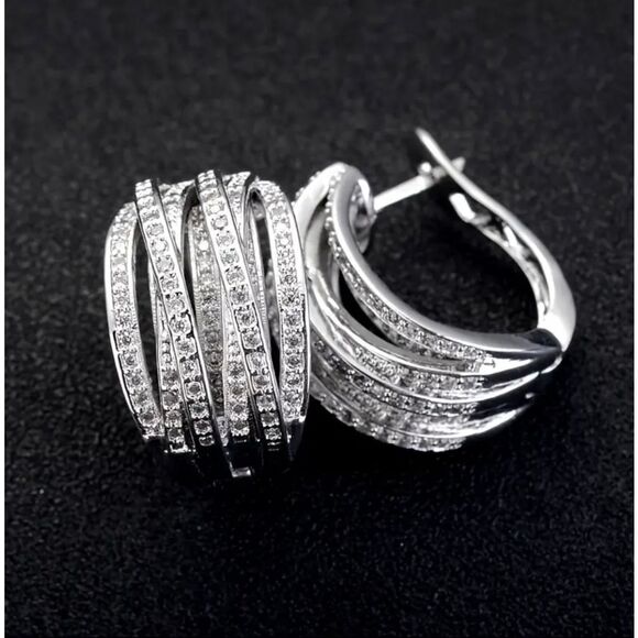  Silver Diamond Interlayered Hoop Earrings - Picture 1 of 5